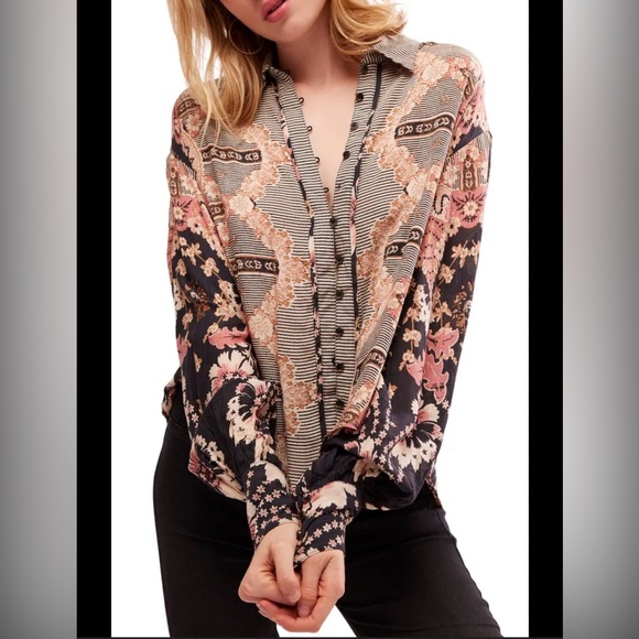 Free People Tops - Free People Black and Pink Floral V-Neck Button Front Blouse